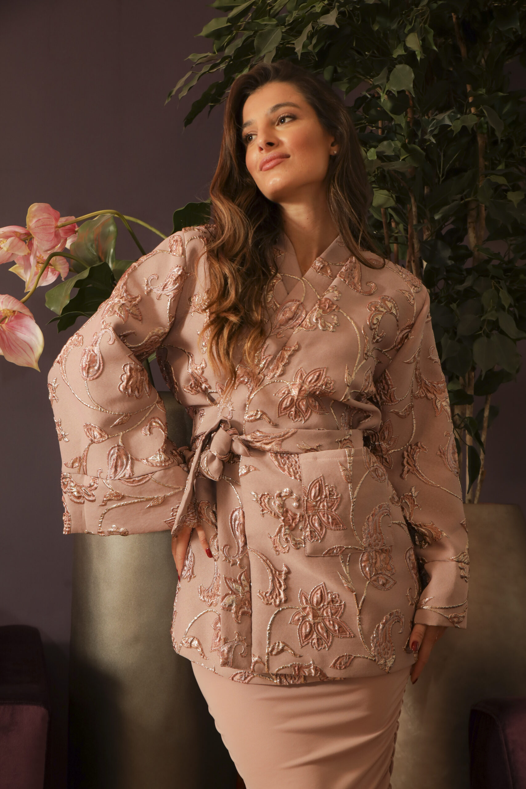 Short Kimono in Gold and Pink Brocade Fabric, Available in Other Patterns on Request